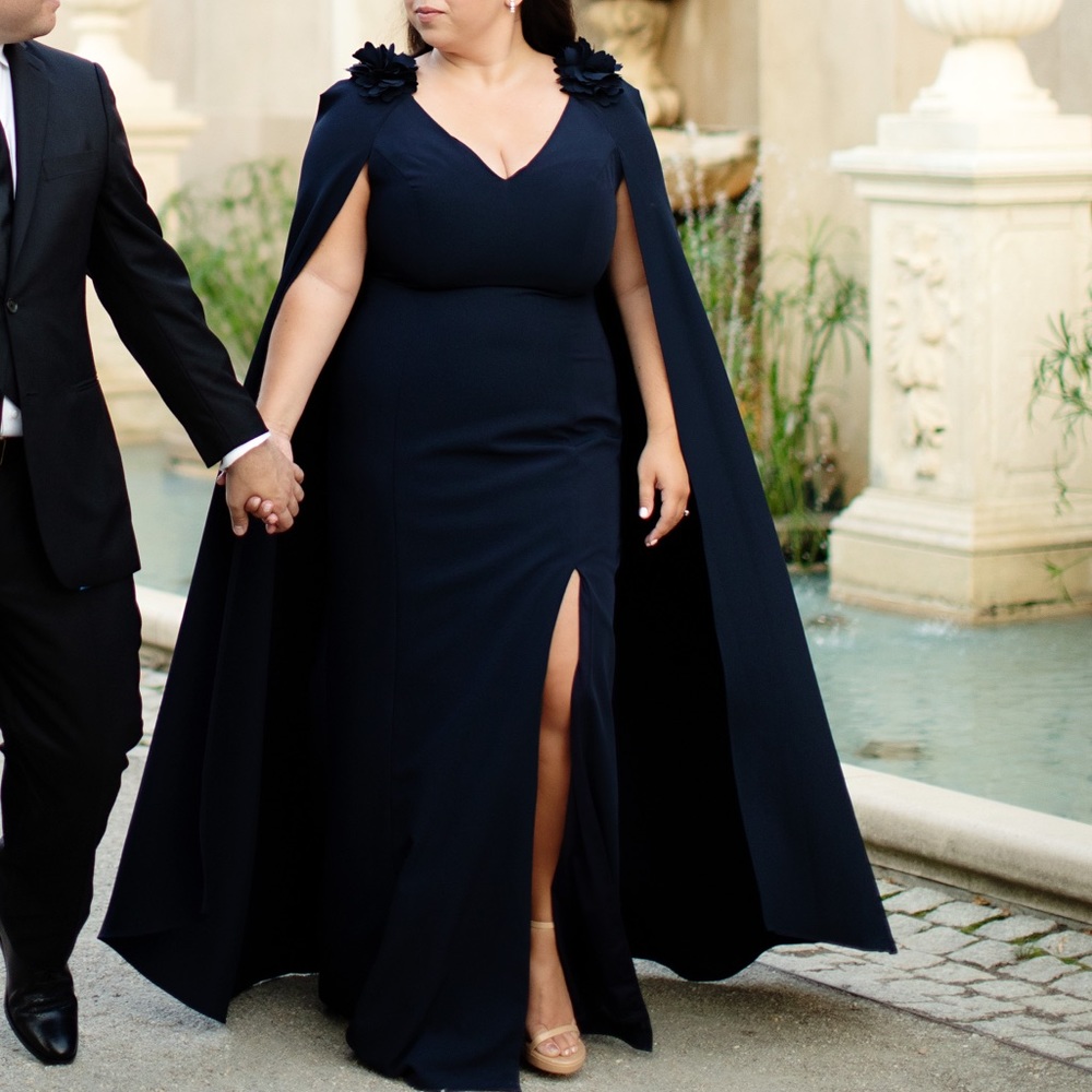 MARCHESA NOTTE CAPE NAVY DRESS